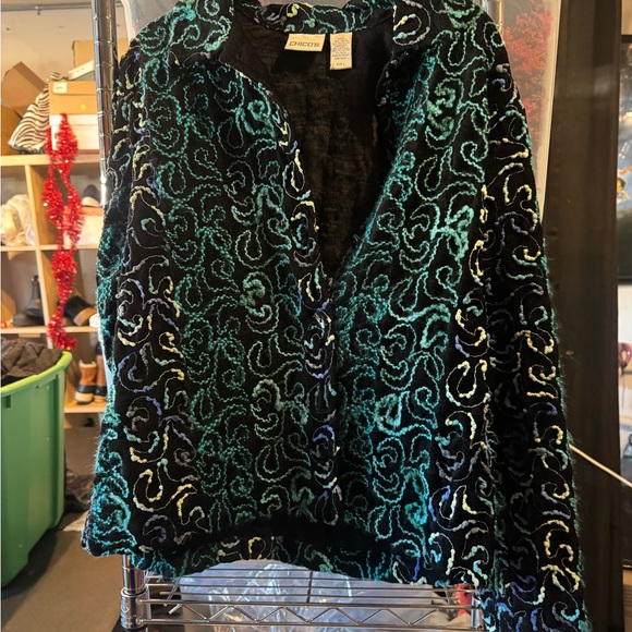 Chicos Chico’s Black blu and green embroidery embossed waist coat. Size large - Picture 7 of 7